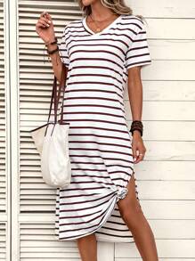 SHEIN LUNE Đầm Chia Sọc Giải trí - màu nâu - Xem 4