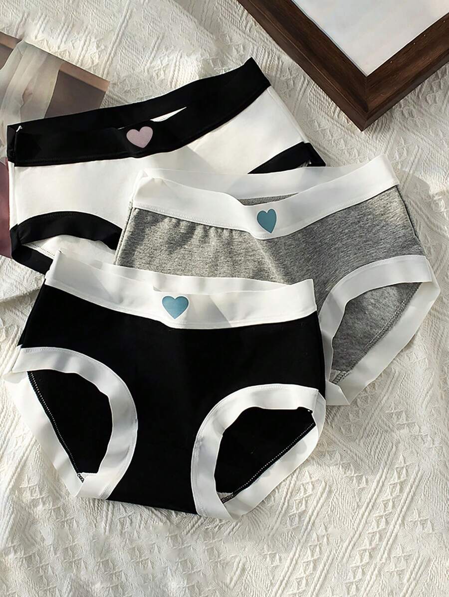 SHEIN 青少年女孩3入組愛心圖案撞色滾邊內褲