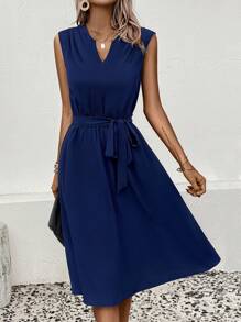 Chiquease Vestido con cinturón unicolor de cuello de muesca - Azul Marino - Ver 1