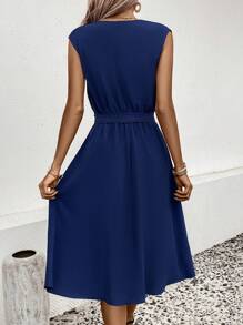 Chiquease Vestido con cinturón unicolor de cuello de muesca - Azul Marino - Ver 2