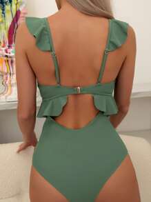 Swim Lushoire Summer Beach Ruffle Trim Cut Out Tie Front One Piece Swimsuit - Army Green - View 2