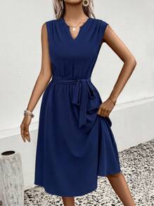 Chiquease Vestido con cinturón unicolor de cuello de muesca - Azul Marino - Ver 4