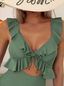Swim Lushoire Summer Beach Ruffle Trim Cut Out Tie Front One Piece Swimsuit - Army Green - View 3