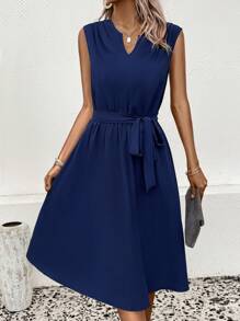 Chiquease Vestido con cinturón unicolor de cuello de muesca - Azul Marino - Ver 5