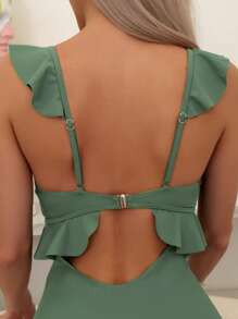 Swim Lushoire Summer Beach Ruffle Trim Cut Out Tie Front One Piece Swimsuit - Army Green - View 4