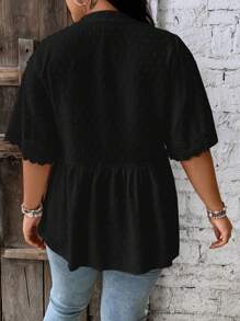 SHEIN LUNE 大碼圓點繫帶領蕾絲拼接襯衫 - 黑色 - 查看 2