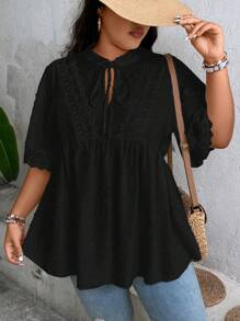 SHEIN LUNE 大碼圓點繫帶領蕾絲拼接襯衫 - 黑色 - 查看 3