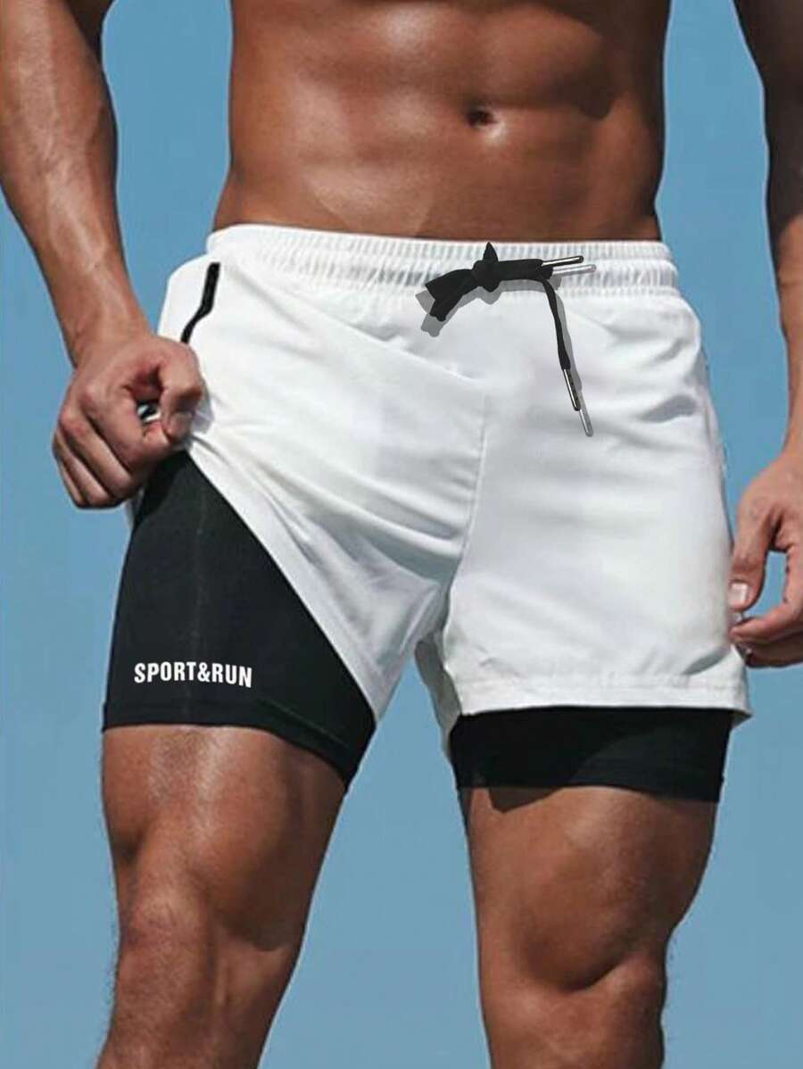 Manfinity Sport Corelite Quần short thể thao 2 trong 1 dành cho nam, có dây rút, in chữ, thích hợp cho tập gym và chạy bộ. Quần short thể thao, quần tập gym, quần nỉ. - trắng - Xem 1