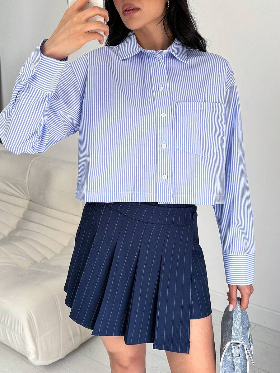 EURMUSE Striped Print Drop Shoulder Shirt - Blue - View 1