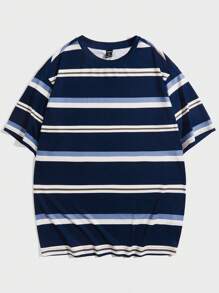 Manfinity VCAY 男士休闲条纹印花落肩 T 恤 - 彩色 - 查看 4