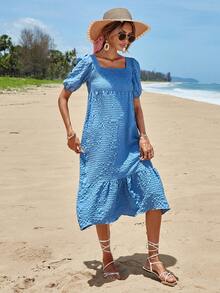 EURMUSE Vestido de cuello cuadrado de manga farol bajo con fruncido - Azul - Ver 4