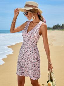 EURMUSE Ditsy Floral Print V Neck Dress - Pink - View 3