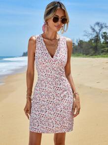 EURMUSE Ditsy Floral Print V Neck Dress - Pink - View 4