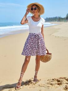 EURMUSE 碎花荷葉袖繫腰帶連衣裙 - 彩色 - 查看 1