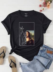 SHEIN EZwear Plus Mona Lisa Print Tee - Black - View 1