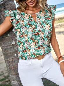 EMERY ROSE Allover Floral Print Keyhole Neckline Butterfly Sleeve Blouse - Multicolor - View 1