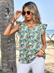 EMERY ROSE Allover Floral Print Keyhole Neckline Butterfly Sleeve Blouse - Multicolor - View 4