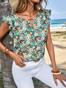 EMERY ROSE Allover Floral Print Keyhole Neckline Butterfly Sleeve Blouse - Multicolor - View 5