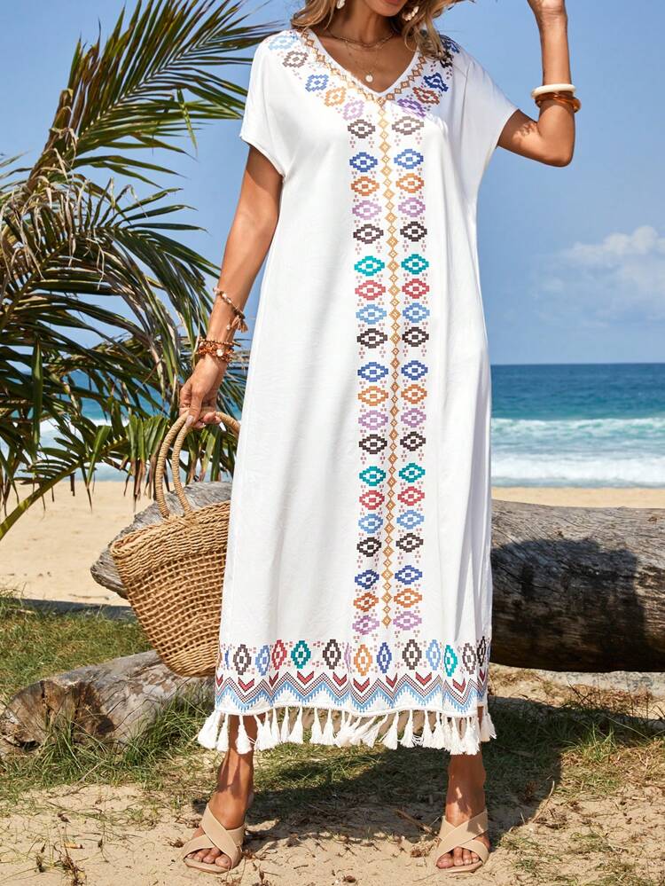 Geo Print Batwing Sleeve Tassel Hem Dress