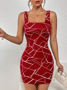 SHEIN Privé 幾何印花方領緊身連衣裙 - 紅色 - 查看 3