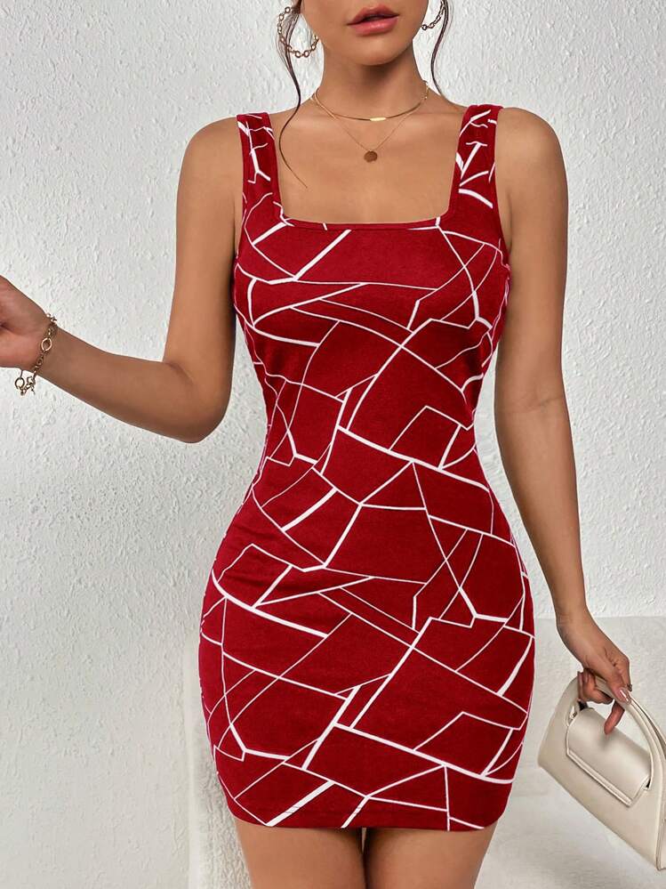 SHEIN Privé Robe Moulante Imprimé Géométrique À Col Carré - Rouge - Voir 3