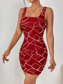 SHEIN Privé 幾何印花方領緊身連衣裙 - 紅色 - 查看 4
