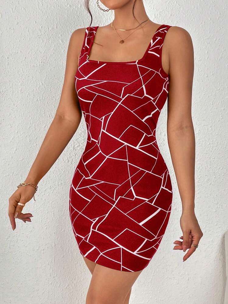 SHEIN Privé Robe Moulante Imprimé Géométrique À Col Carré - Rouge - Voir 4