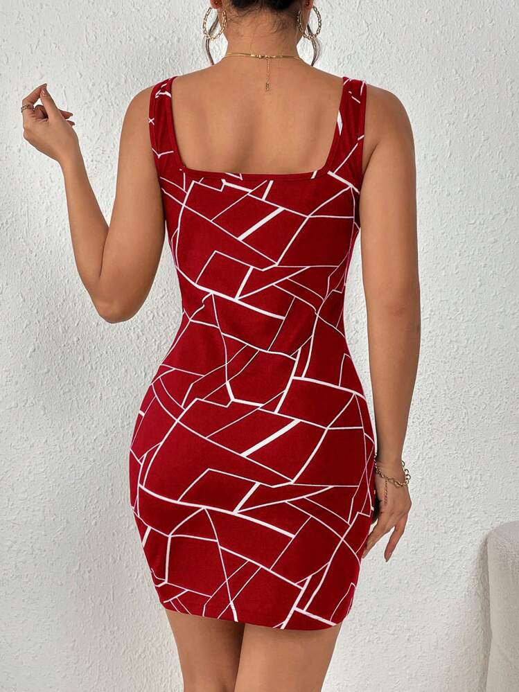 SHEIN Privé Robe Moulante Imprimé Géométrique À Col Carré - Rouge - Voir 6