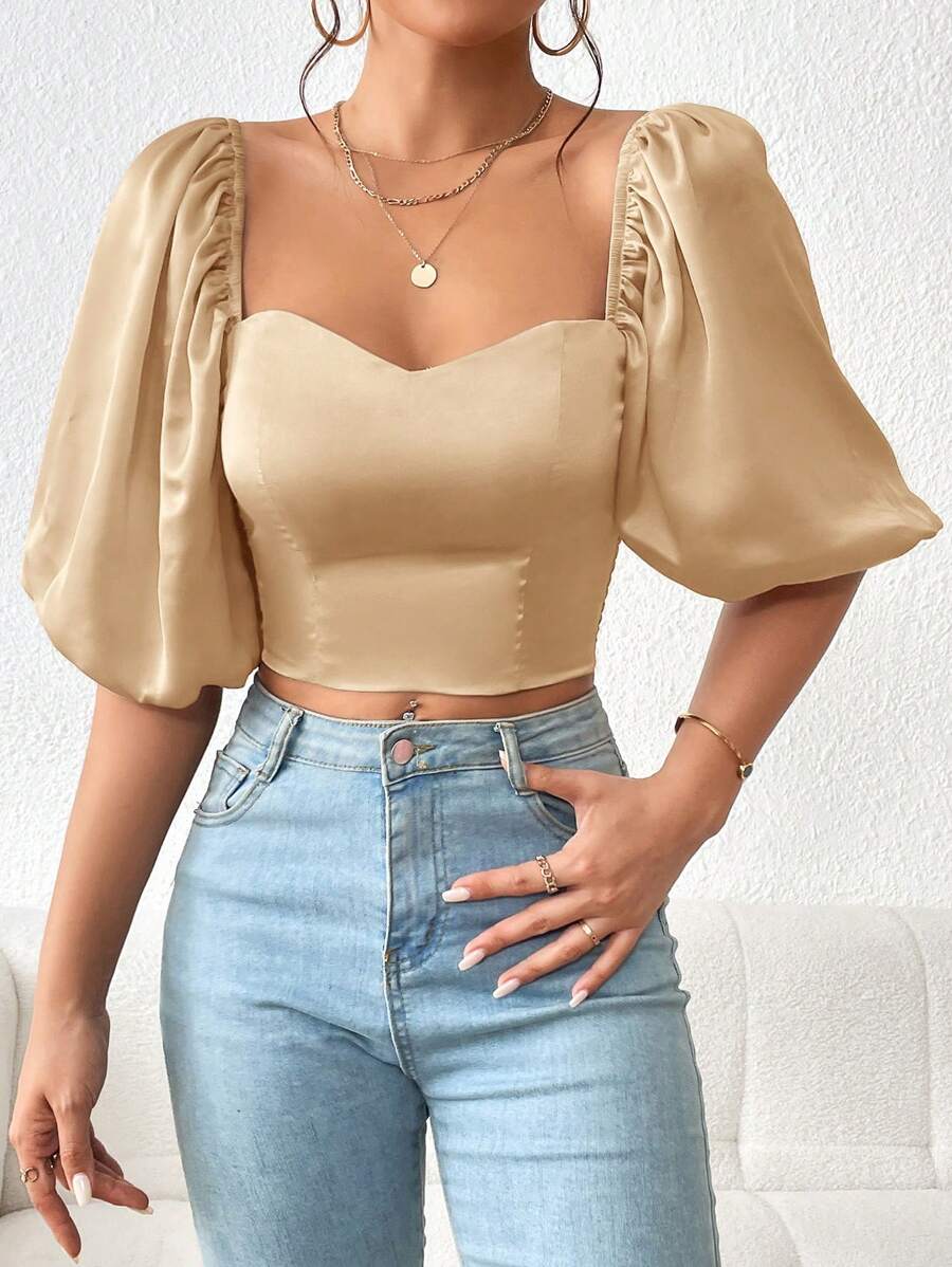 SHEIN Privé Sweetheart Neck Puff Sleeve Crop Blouse - Apricot - View 1
