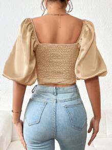 SHEIN Privé Sweetheart Neck Puff Sleeve Crop Blouse - Apricot - View 2