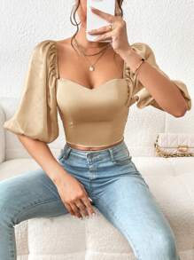 SHEIN Privé Sweetheart Neck Puff Sleeve Crop Blouse - Apricot - View 3
