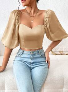 SHEIN Privé Sweetheart Neck Puff Sleeve Crop Blouse - Apricot - View 4