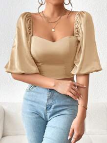 SHEIN Privé Sweetheart Neck Puff Sleeve Crop Blouse - Apricot - View 6