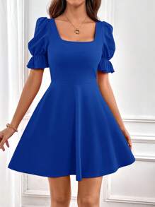 SHEIN Privé Square Neck Puff Sleeve A-line Dress