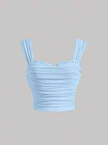 SHEIN MOD Lace Trim Ruched Wide Straps Top - Baby Blue - View 1