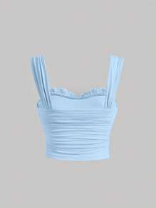 SHEIN MOD Lace Trim Ruched Wide Straps Top - Baby Blue - View 2