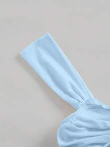 SHEIN MOD Lace Trim Ruched Wide Straps Top - Baby Blue - View 4