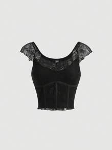 SHEIN MOD Camiseta crop con encaje en contraste - Negro - Ver 1