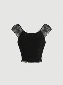 SHEIN MOD Camiseta crop con encaje en contraste - Negro - Ver 2