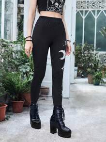 ROMWE Goth Mushroom Print Leggings - Black - View 3