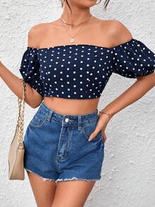 SHEIN Privé Camisa crop con estampado de lunares de hombros descubiertos de espalda abierta con cordón - Azul Marino - Ver 5