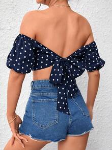 SHEIN Privé Camisa crop con estampado de lunares de hombros descubiertos de espalda abierta con cordón - Azul Marino - Ver 2