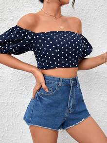 SHEIN Privé Camisa crop con estampado de lunares de hombros descubiertos de espalda abierta con cordón - Azul Marino - Ver 6