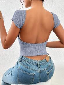 SHEIN Privé تي شيرت قصير موحدة اللون مكشوف الظهر