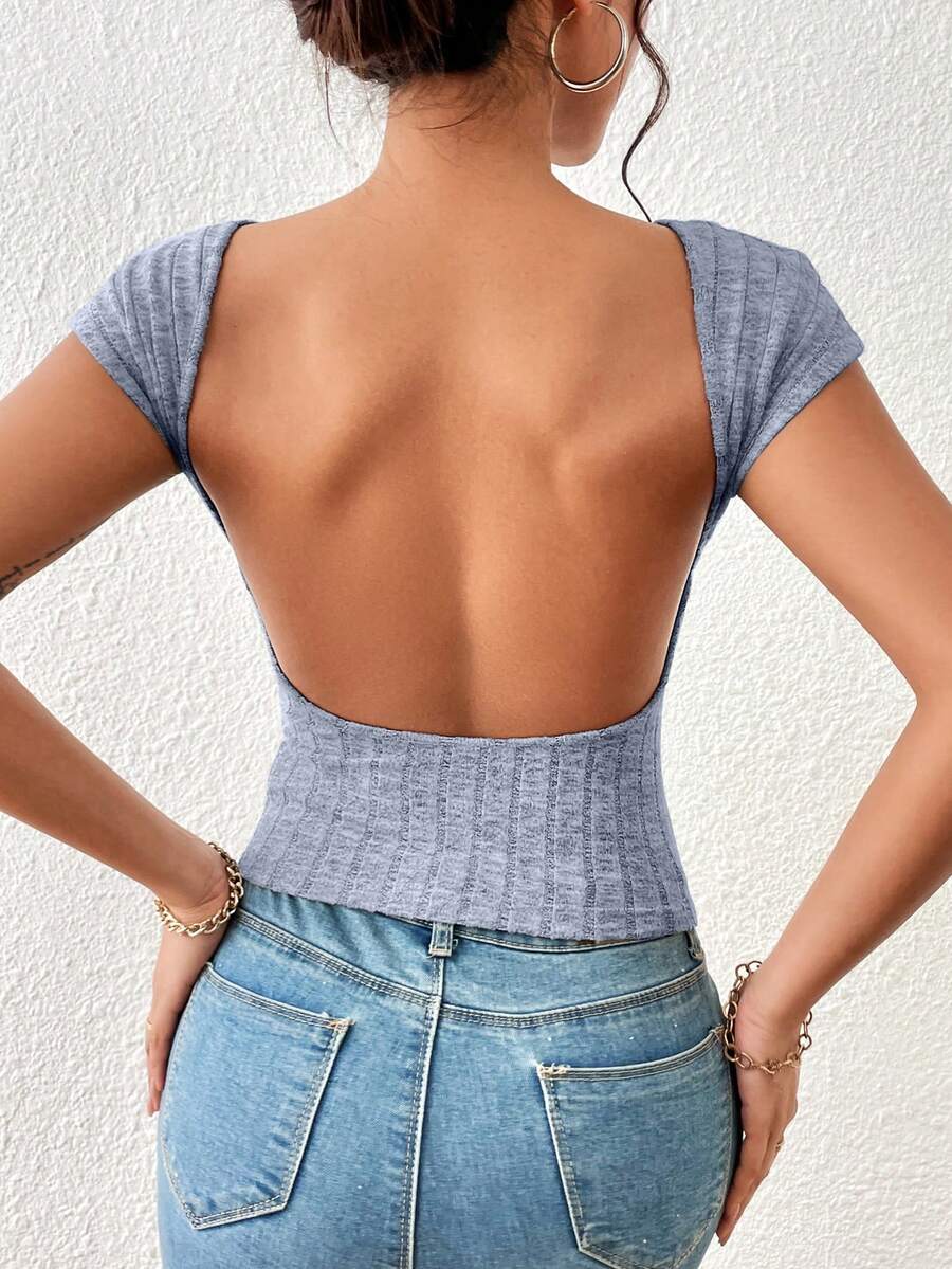 SHEIN Privé تي شيرت قصير موحدة اللون مكشوف الظهر