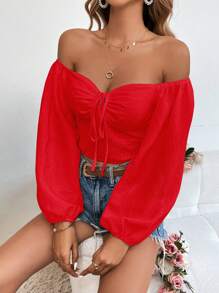 SHEIN VCAY Off Shoulder Drawstring Front Lantern Sleeve Crop Blouse - Red - View 1