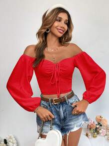 SHEIN VCAY Off Shoulder Drawstring Front Lantern Sleeve Crop Blouse - Red - View 5