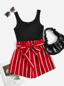 SHEIN VCAY Áo liền quần nữ Thắt lưng Gân đan Quần paper-bag Sọc Giải trí - Đỏ - Xem 1