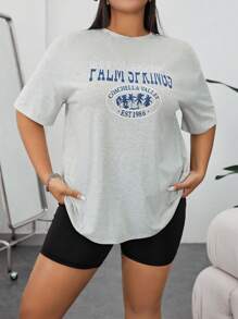 SHEIN EZwear 休閒字母 熱帶印花大碼T恤 - 白色 - 查看 2