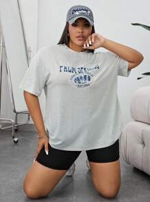 SHEIN EZwear 休閒字母 熱帶印花大碼T恤 - 白色 - 查看 1